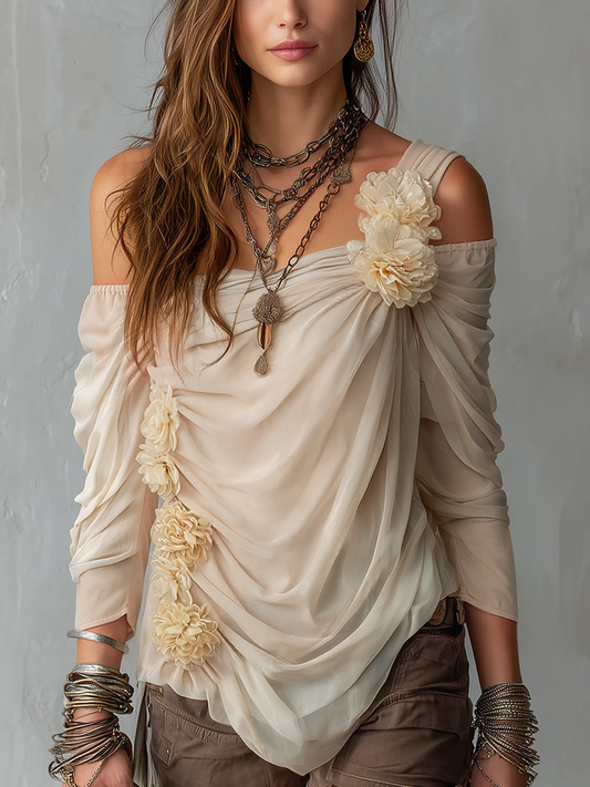 Blusa de Gasa Floral con Hombros Descubiertos – Fluida y Femenina