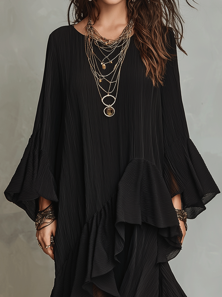 Vestido Midi Negro Asimétrico con Volantes