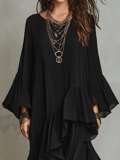 Vestido Midi Negro Asimétrico con Volantes