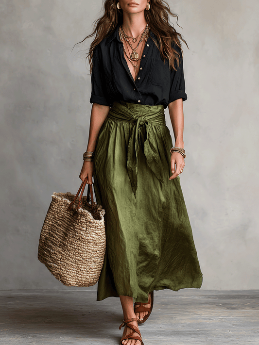 Conjunto Boho Blusa Negra Fluida + Falda Midi Satinada Verde Oliva – Elegante y Versátil