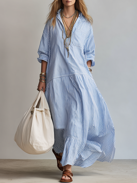Vestido Largo Camisero de Rayas Azules – Relajado, Elegante y Versátil