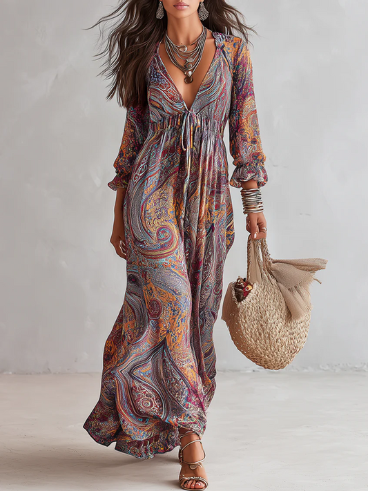 Vestido de Estampado Paisley con Escote en V y Cintura Ajustable – Boho y Elegante