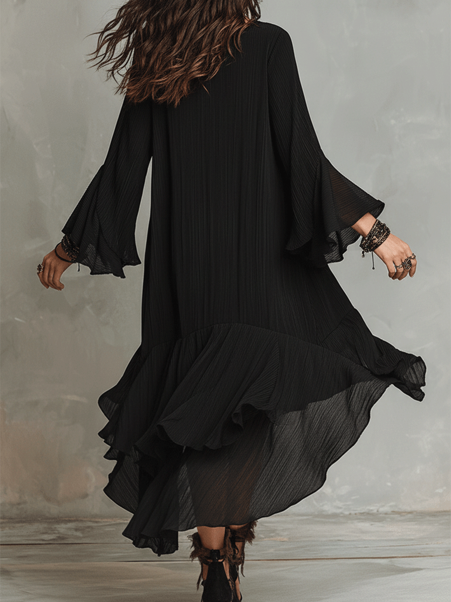 Vestido Midi Negro Asimétrico con Volantes