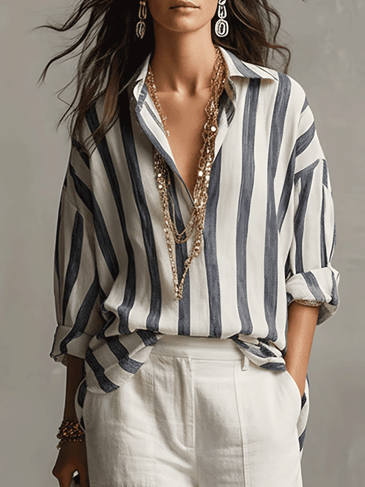 Camisa de Rayas de Algodón y Lino de Manga Larga – Ligera y Versátil