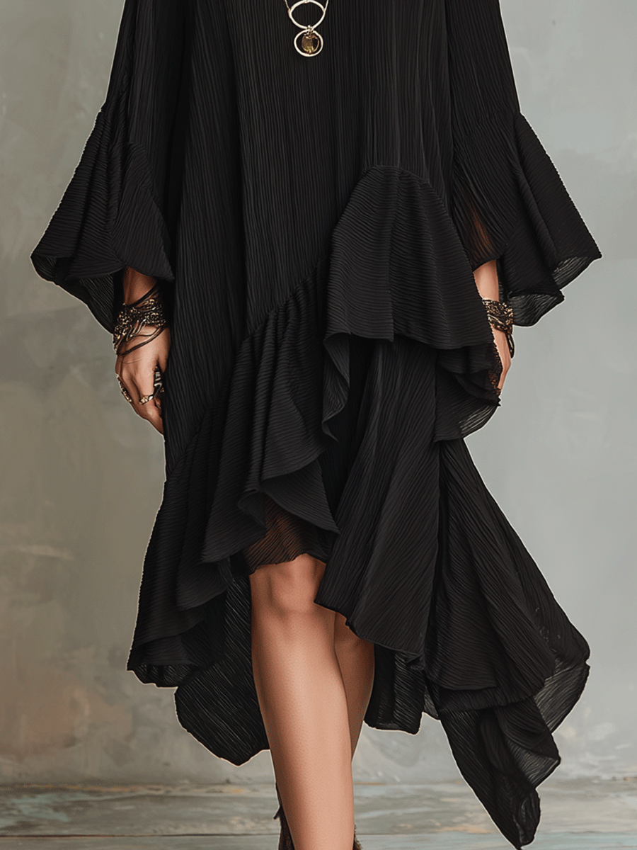 Vestido Midi Negro Asimétrico con Volantes