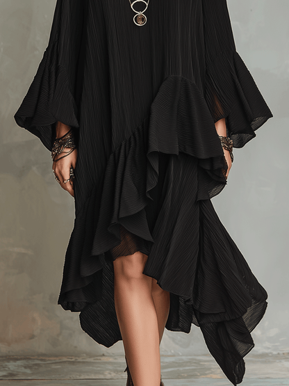 Vestido Midi Negro Asimétrico con Volantes