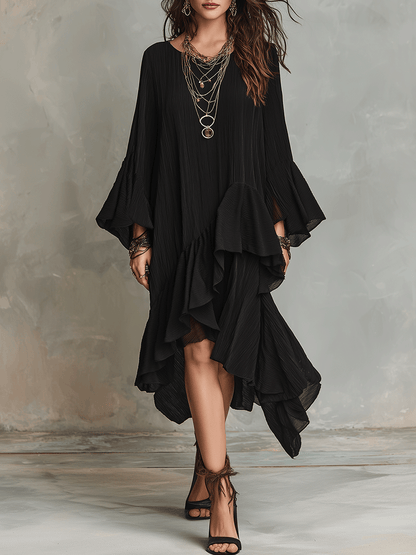 Vestido Midi Negro Asimétrico con Volantes