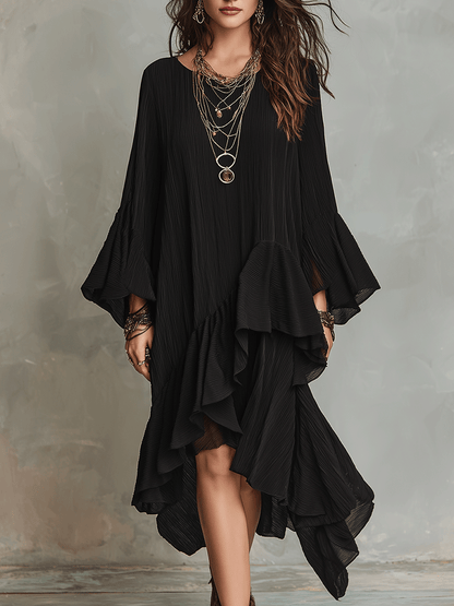 Vestido Midi Negro Asimétrico con Volantes