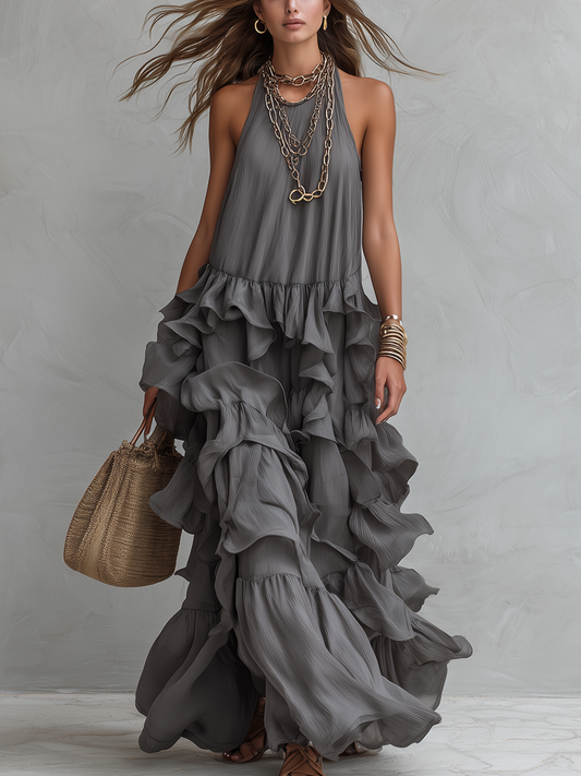 Vestido Largo Gris con Volantes en Capas – Romántico y Elegante