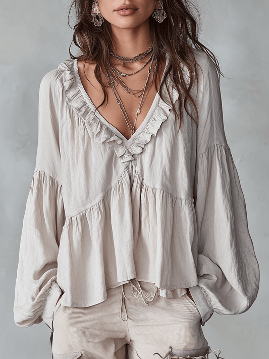 Blusa Boho con Volantes y Escote en V – Ligera, Romántica y Fluida