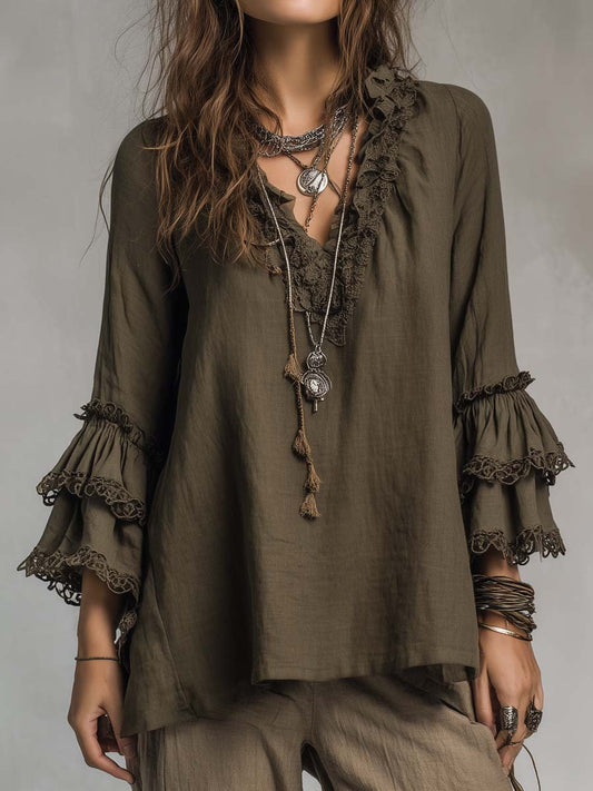 Blusa de Algodón y Lino con Encaje y Volantes – Manga Larga