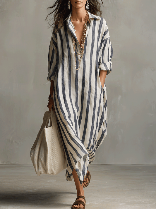 Vestido Largo Camisero Boho a Rayas – Fluido y Estilizador