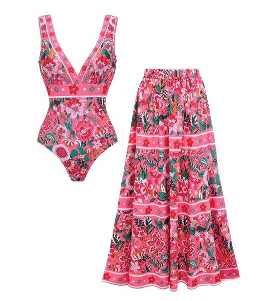 Bañador Floral Rosa Escote en V con Falda