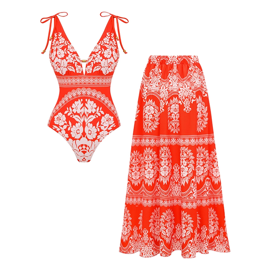 Bañador Rojo Estampado Escote en V con Lazo y Falda
