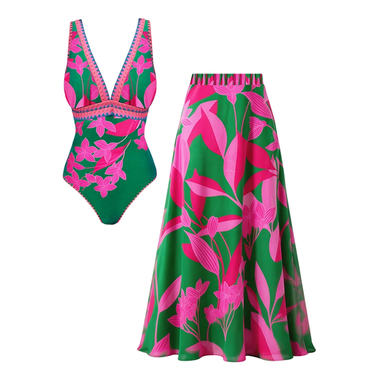 Bañador Estampado Rosa y Verde con Escote en V
