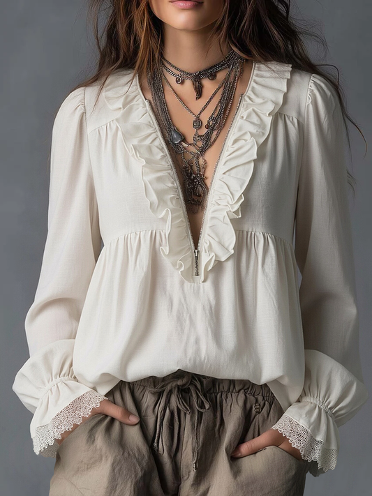 Blusa de Algodón y Lino con Cuello Cremallera y Volantes